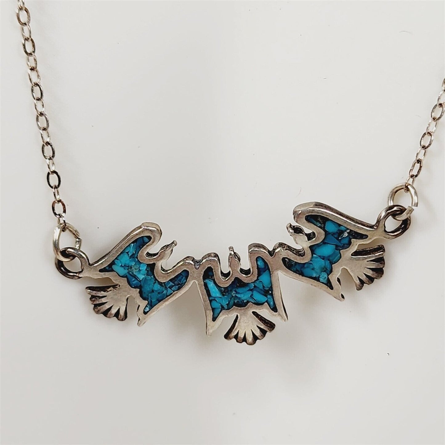 Vintage Eagle Trio Crushed Turquoise Sterling Silver Necklace 18"