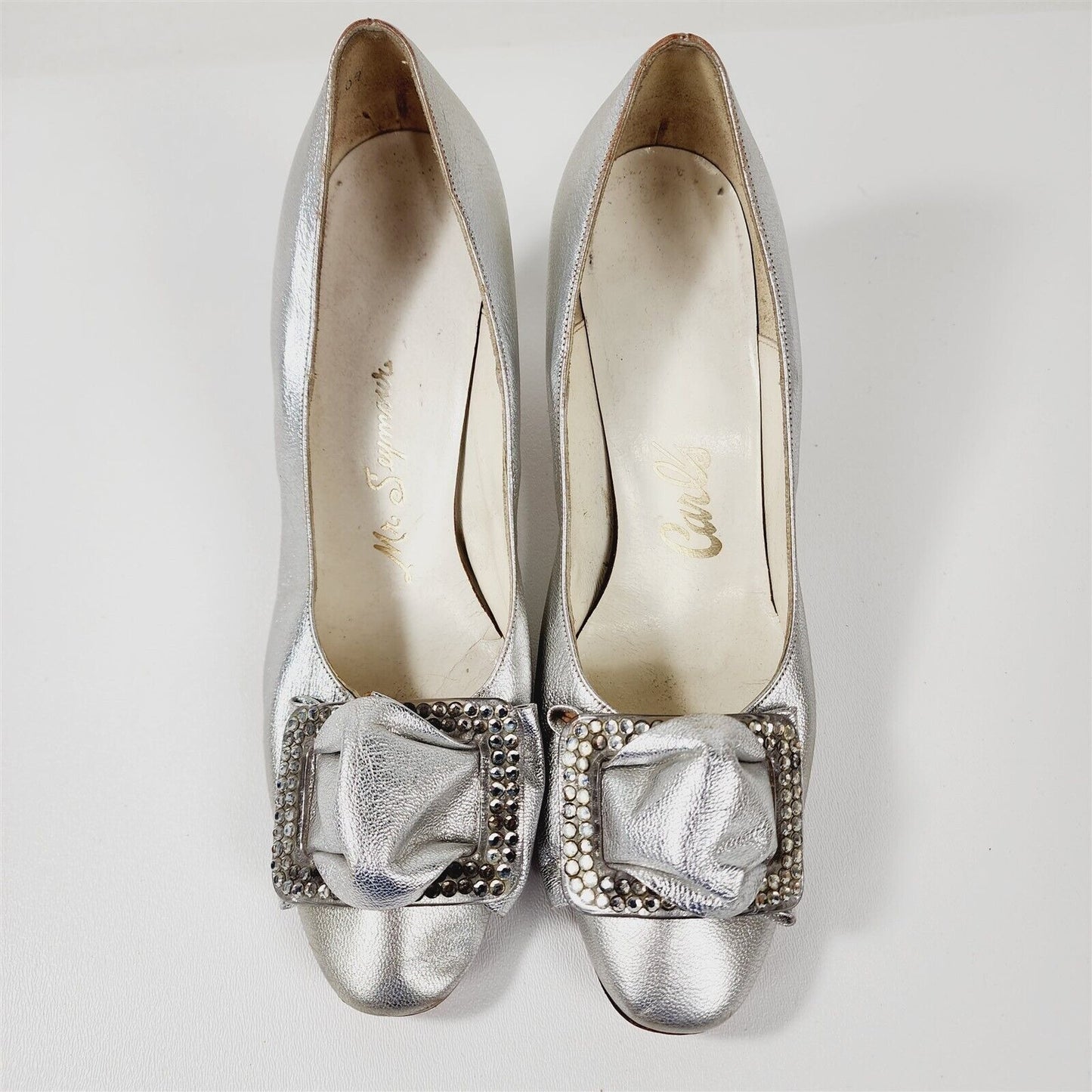 Vintage Carl's Mr. Seymour Silver Metallic Rhinestone Buckle Heels Size 7.5 M