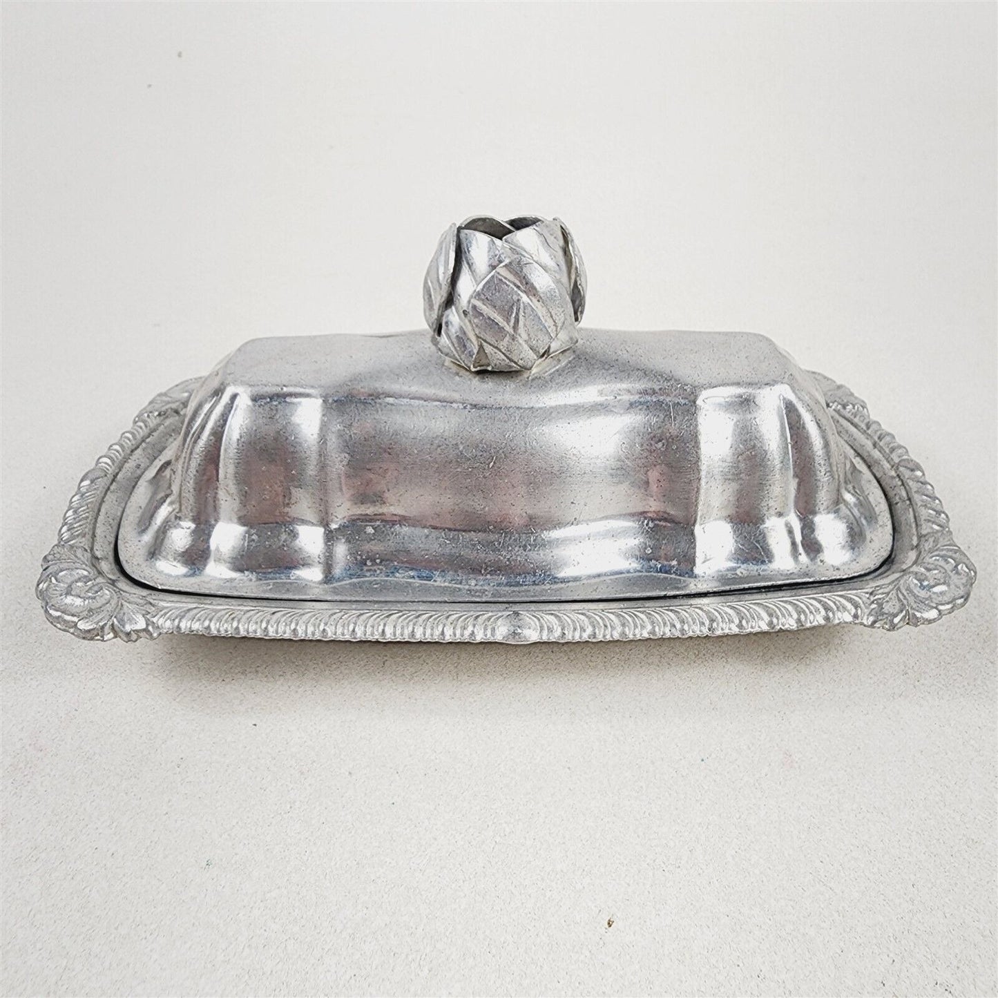 Vintage Aluminum Covered Butter Dish Rose Flower Glass Insert Tray