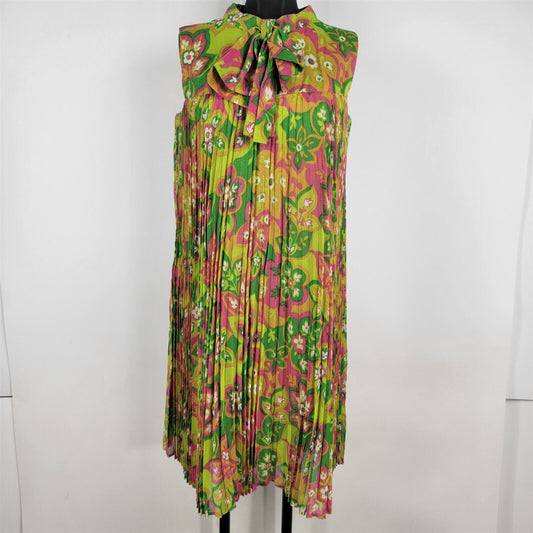 Vintage 1970s Junior Accent Frank Adams Sleeveless Floral Pleated Dress Womens S