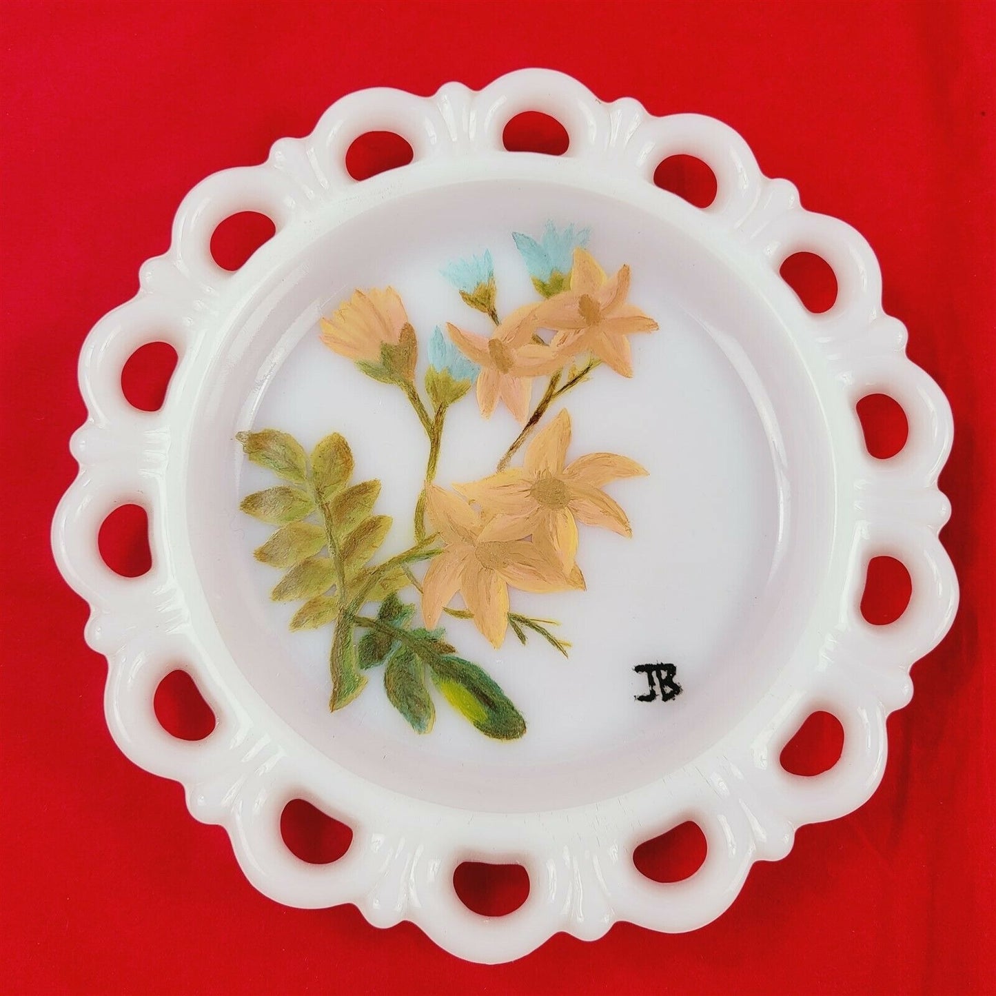 4 Vintage Milk Glass Plates Floral Painted Pierced Lace Scroll