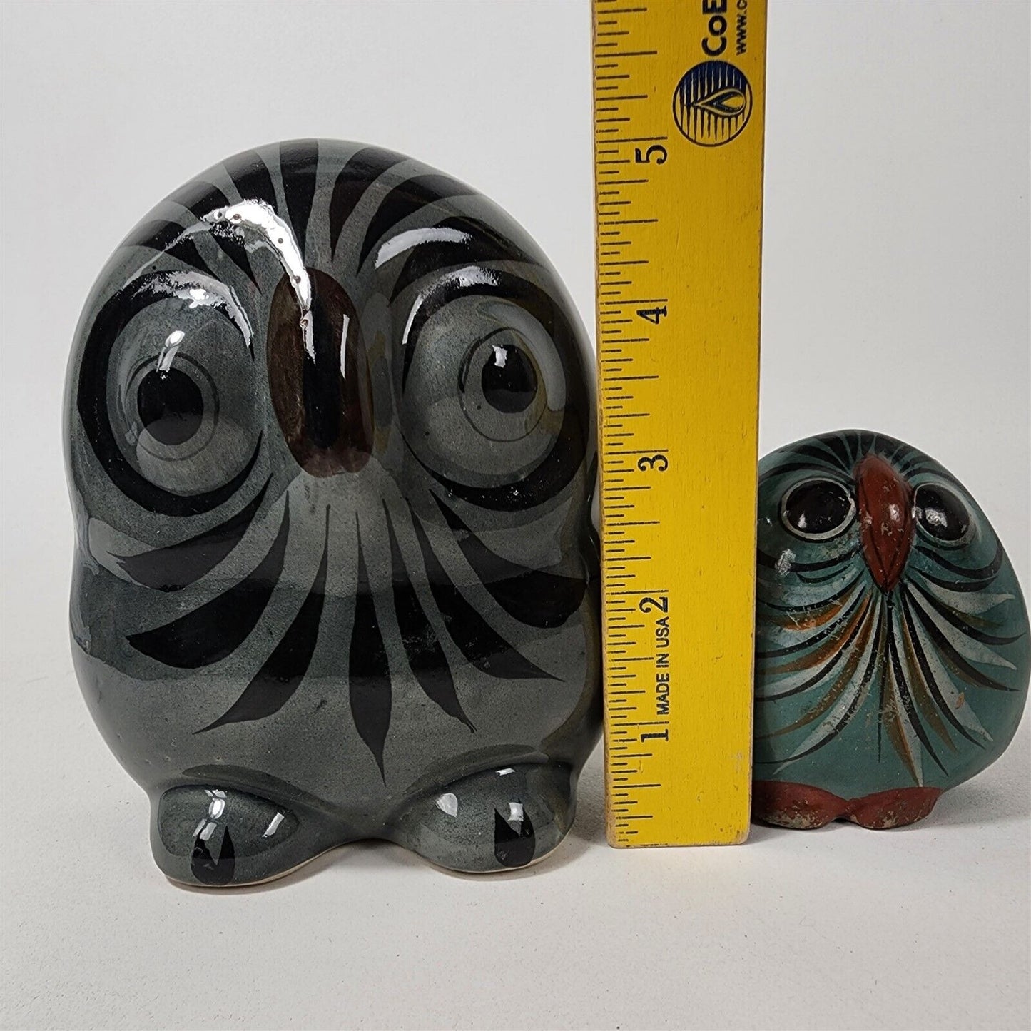 2 Vintage Tonala Owls Mexican Pottery Signed Hand Painted Folk Art