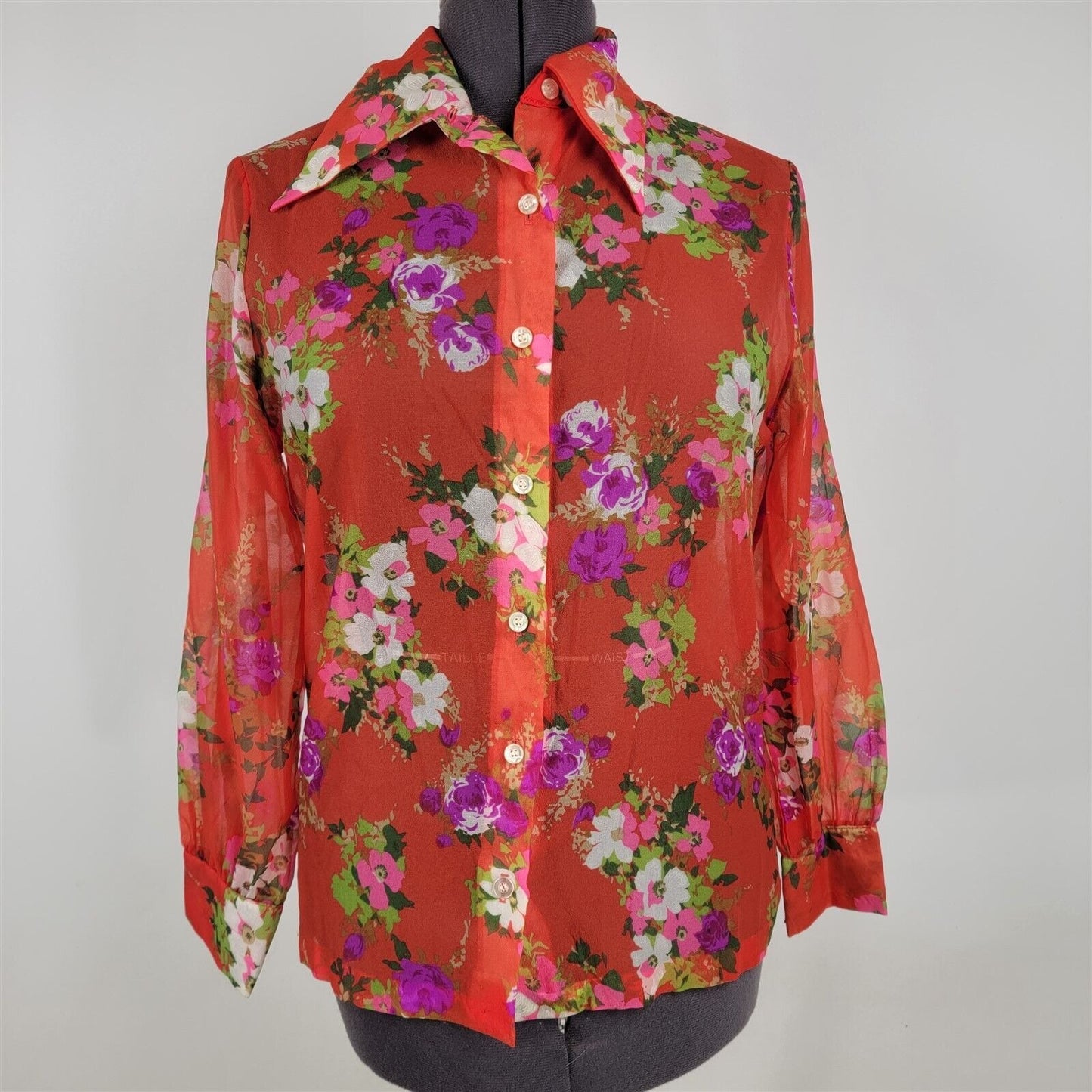 Vintage 1970s Montgomery Ward Nylon Red Sheer Floral Print Blouse Womens 36