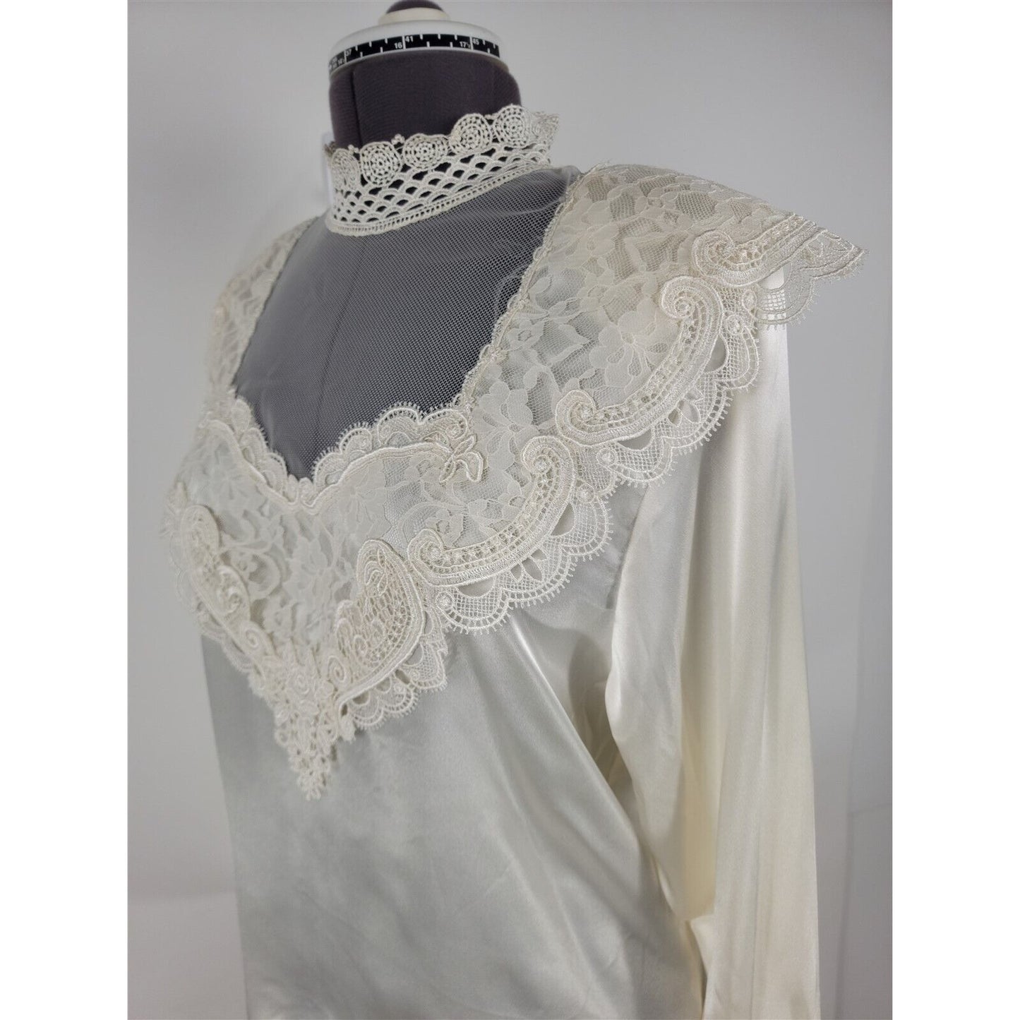 Vintage 1990s Sonya Ratay San Andre Satin Lace Blouse Victorian High Neck Size 8