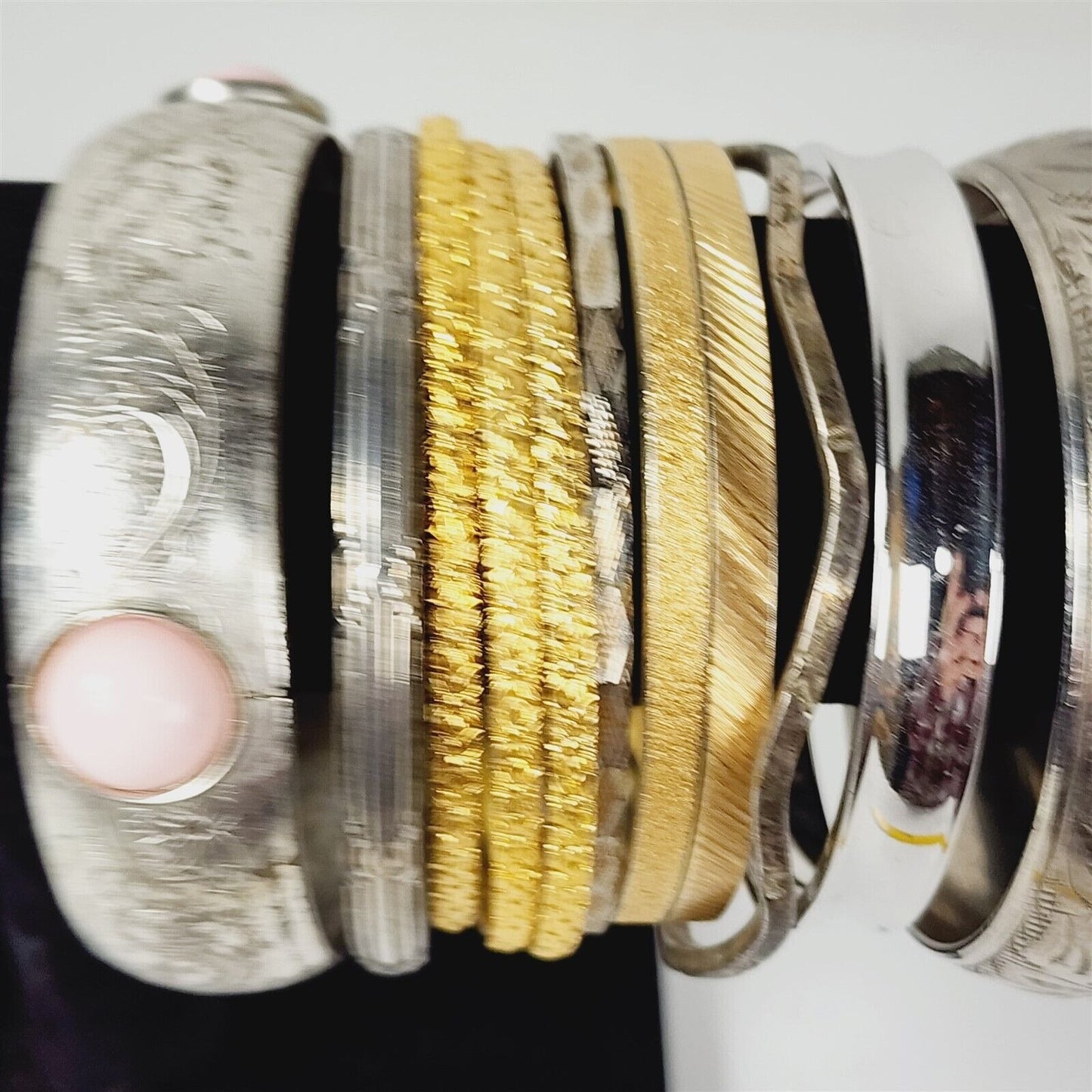 12 Vintage Silver & Gold Tone Bangle Bracelets Carved Floral Layer Stack