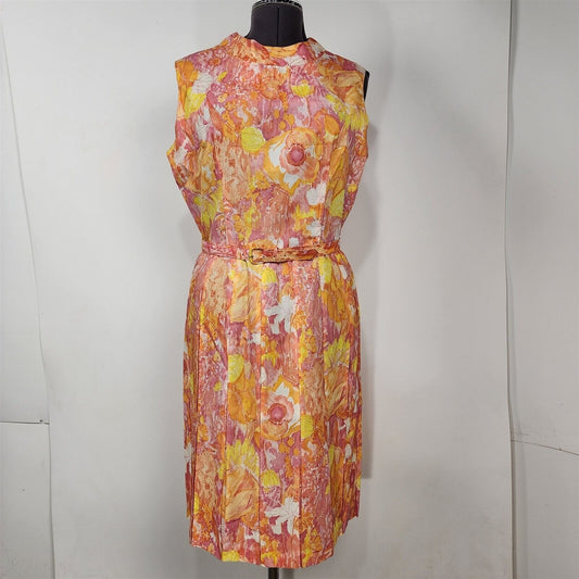 Vintage 1960s Pink & Orange Floral Sleeveless Pleated Dress Size M/L