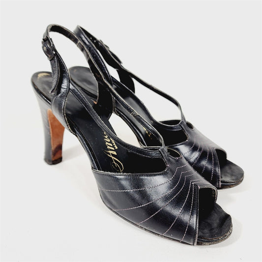 Vintage Amano Black Peep Toe Strappy Heels Size 8 N