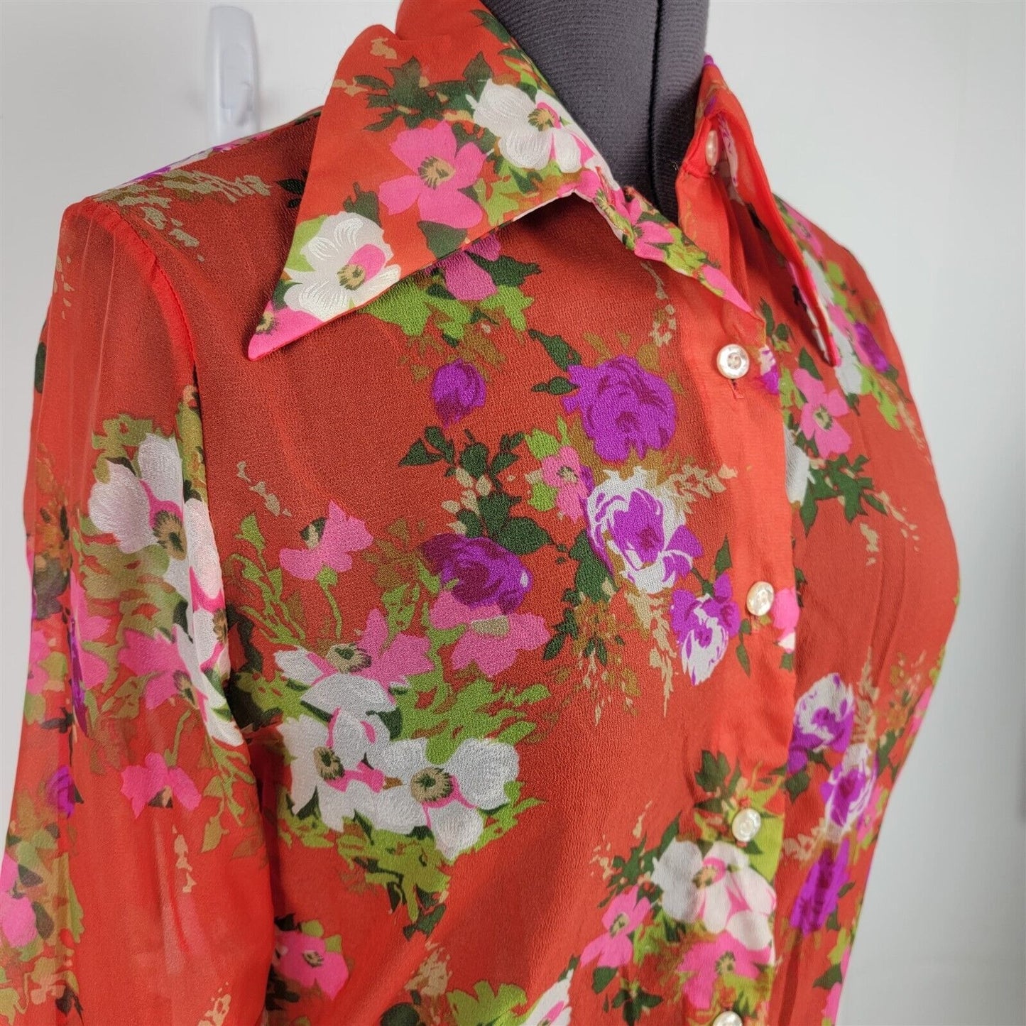 Vintage 1970s Montgomery Ward Nylon Red Sheer Floral Print Blouse Womens 36