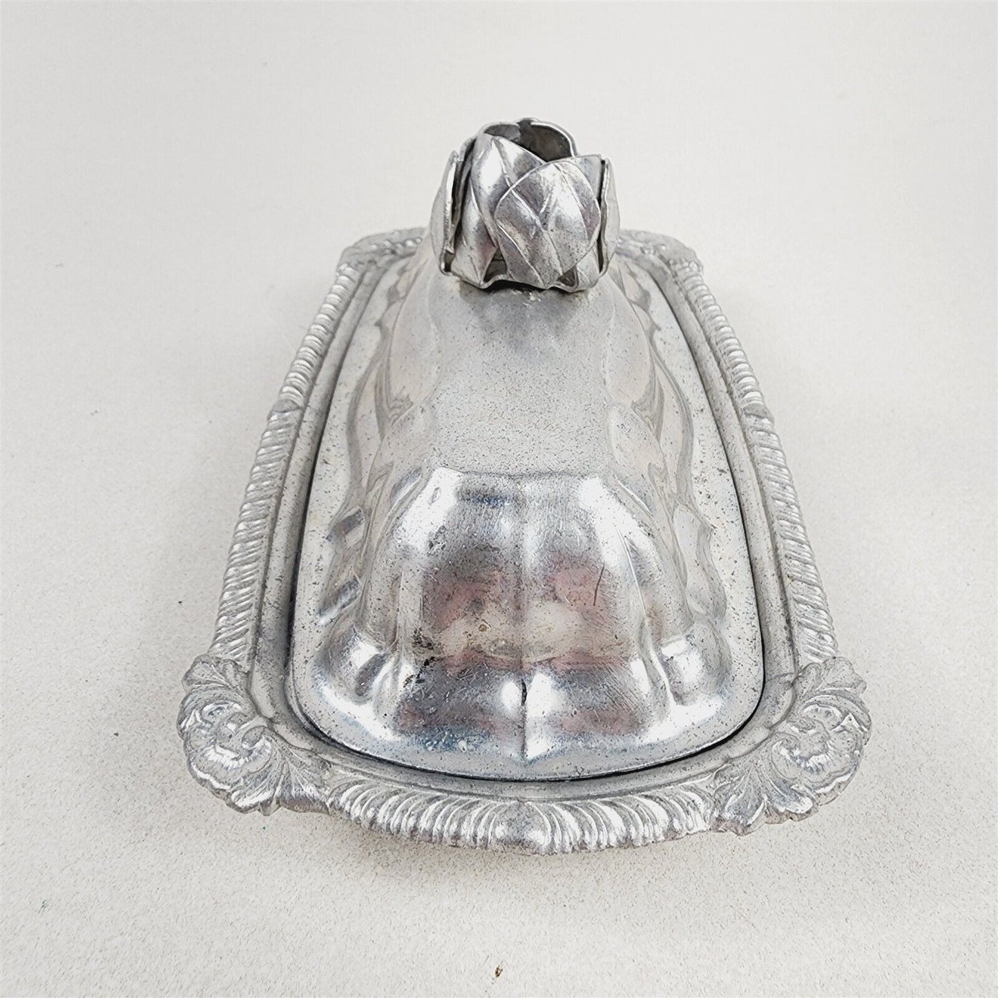 Vintage Aluminum Covered Butter Dish Rose Flower Glass Insert Tray