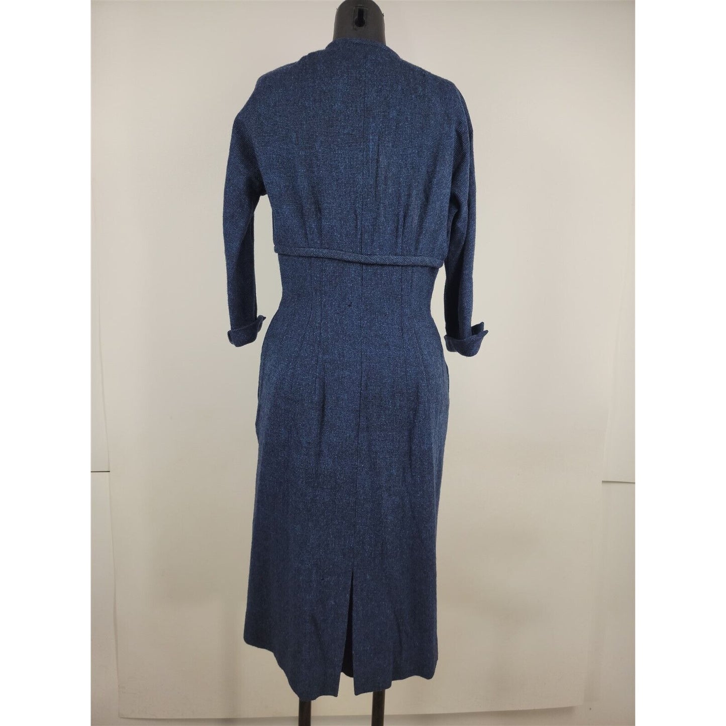 Vintage 1950s R&K Originals Navy Blue Wool Button Front Dress Womens M