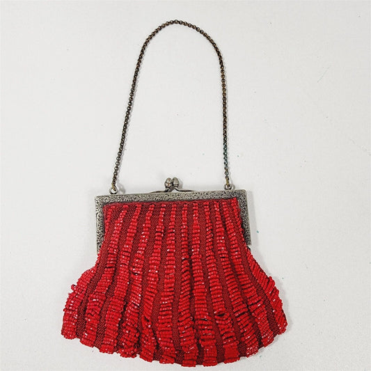 Vintage Red Seed Bead Purse Floral Metal Kiss Clasp Chain Handle