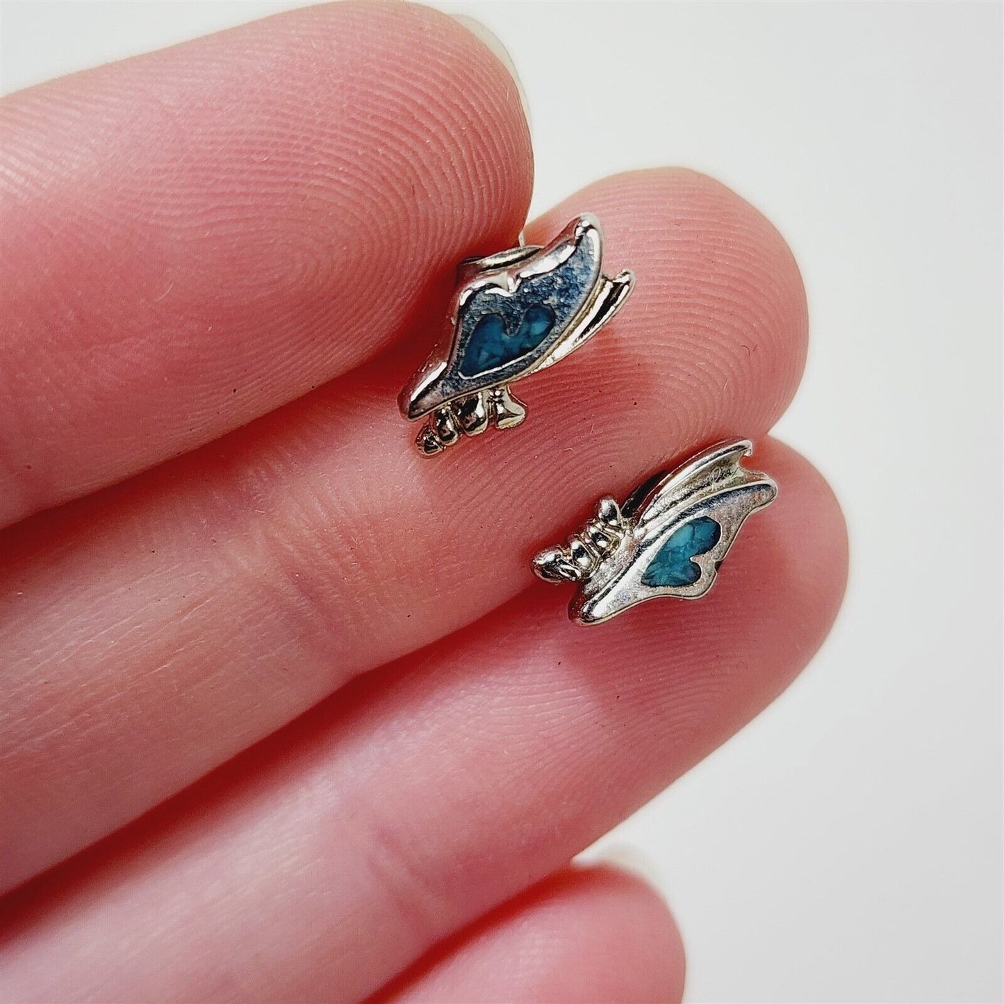 Vintage Sterling Silver Crushed Turquoise Butterfly Wings Small Stud Earrings