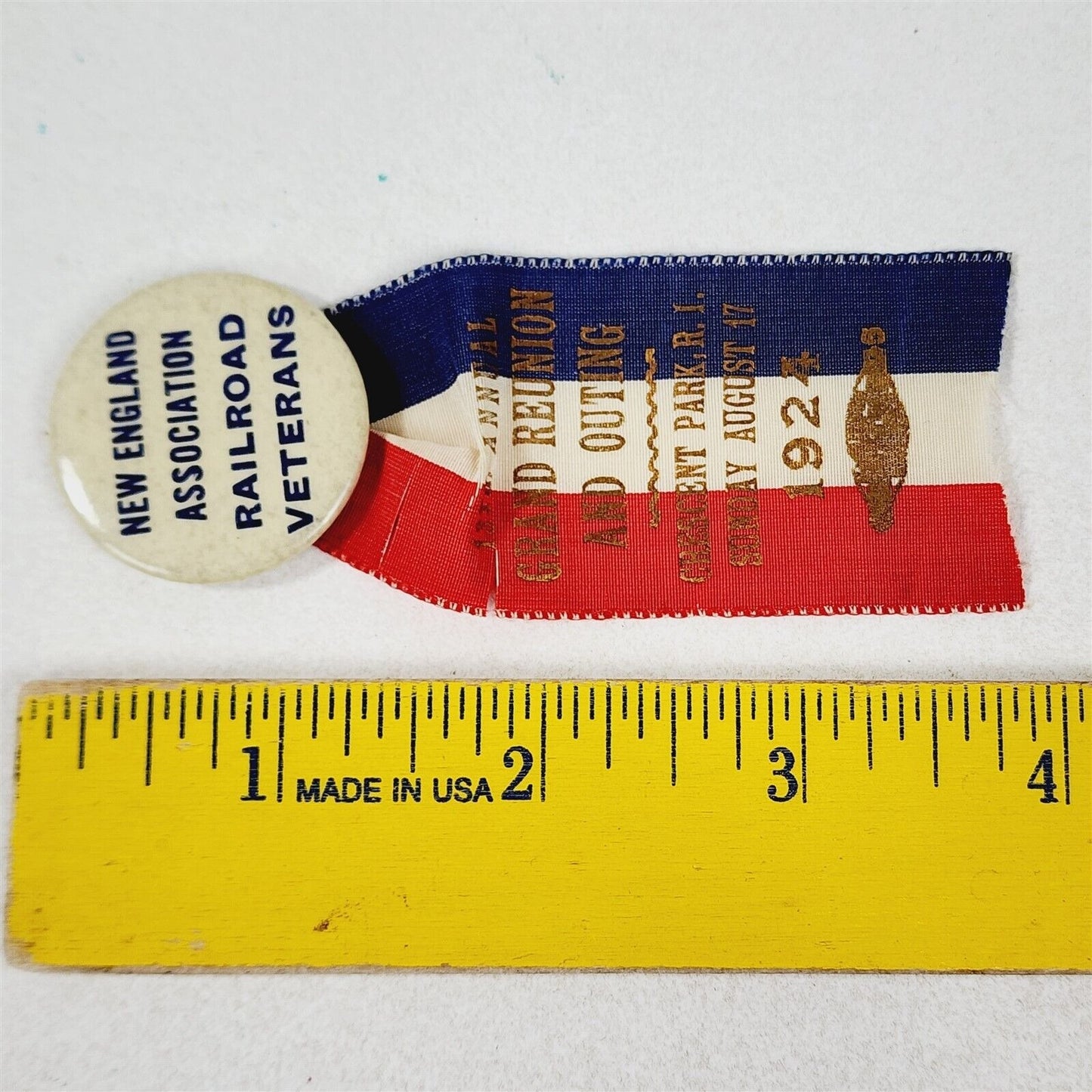 Antique 1924 New England Railroad Veterans 13th Reunion Ribbon & Pin Button - 4"