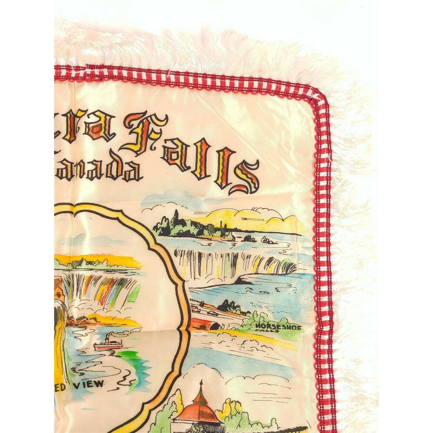 Vintage Niagra Falls Canada Satin Souvenir Pillow Cover Fringe