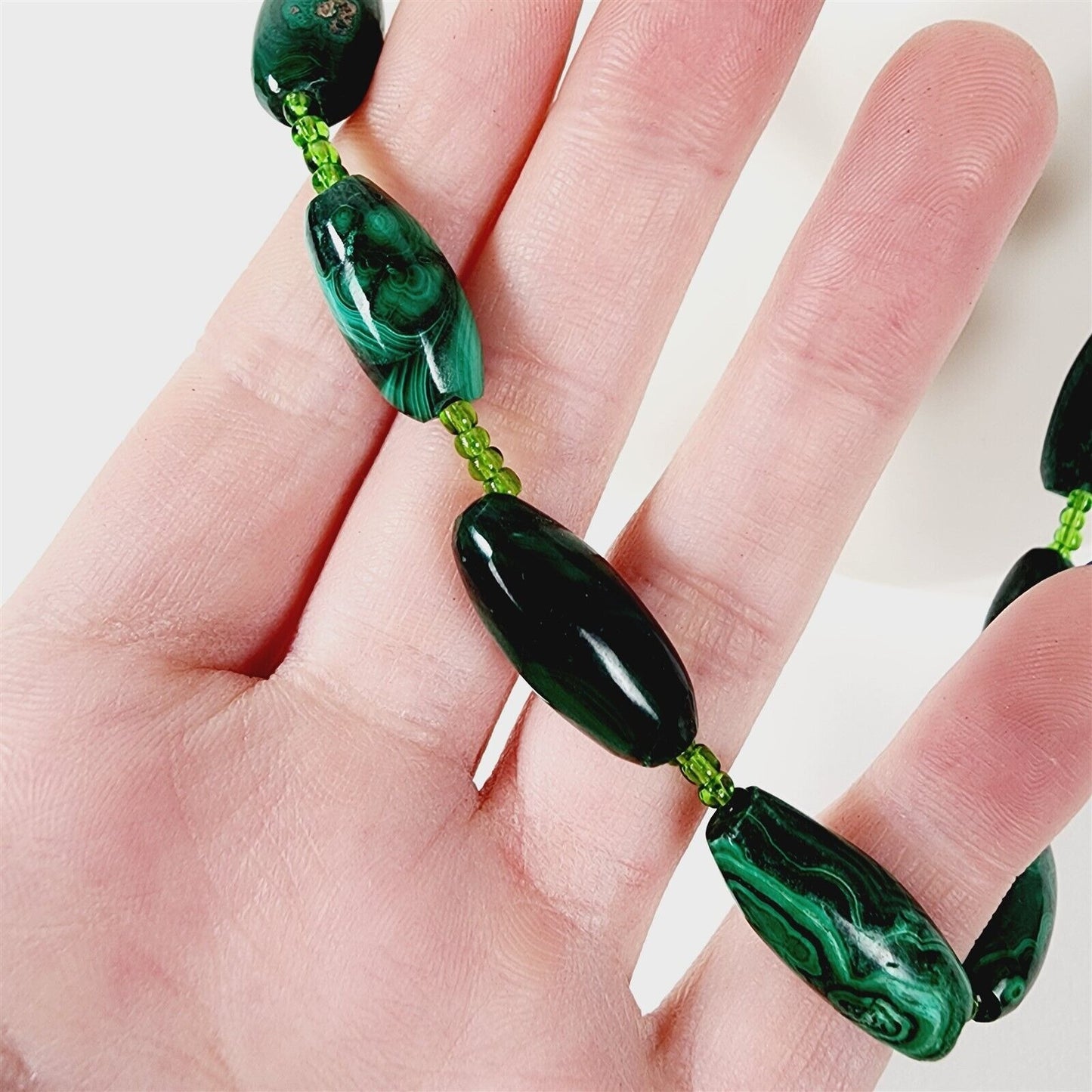 Vintage Green Malachite Graduated Oblong Beaded Necklace - 22"