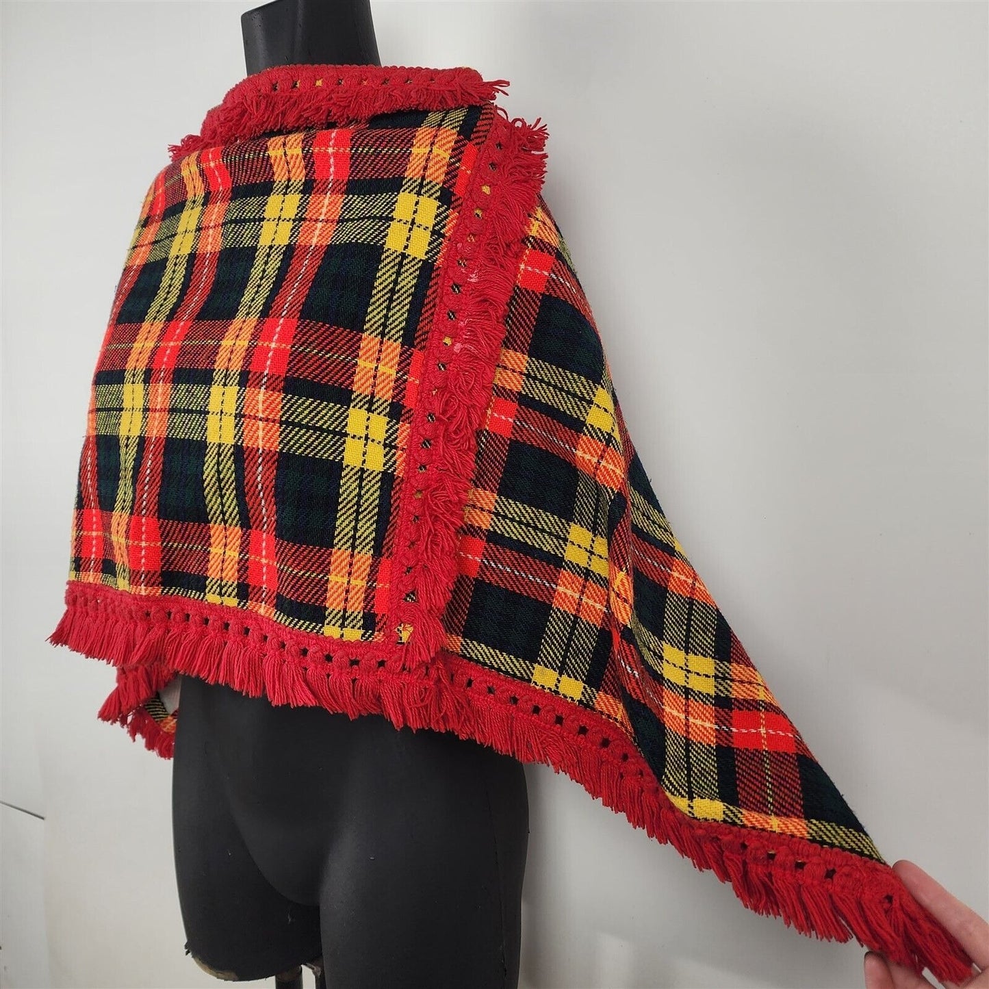 Vintage Handmade Red Yellow Plaid Poncho Cape Womens XS/S