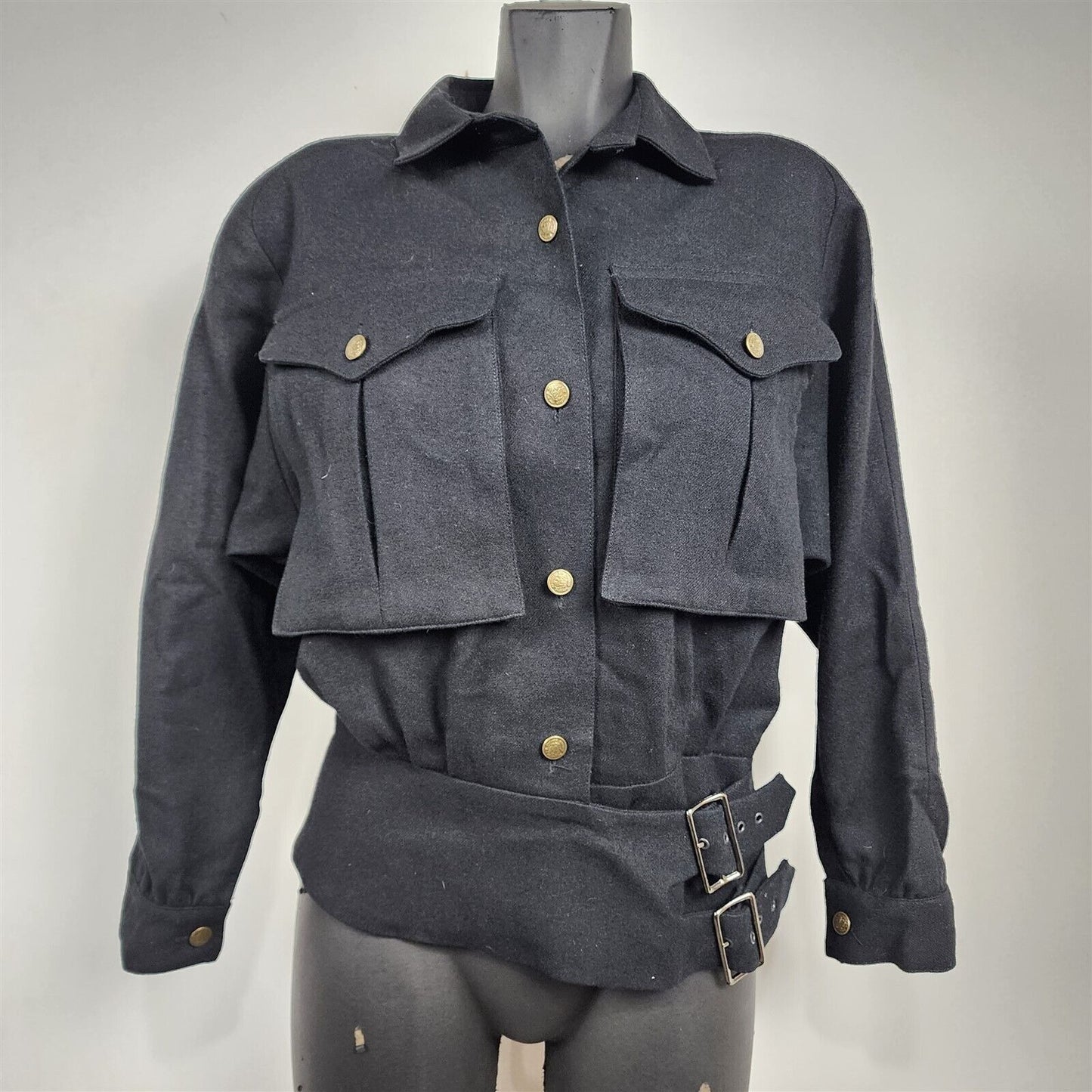 Vintage Shiung Zu Black Wool Shacket Shirt Jacket Waist Belt Accent