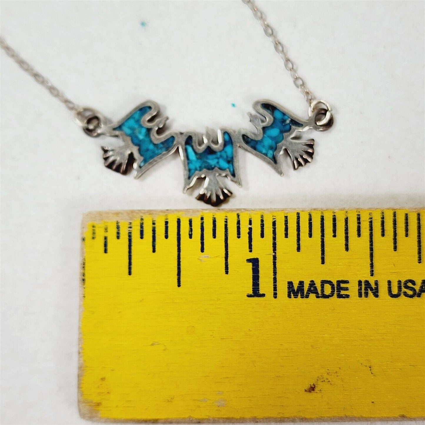 Vintage Eagle Trio Crushed Turquoise Sterling Silver Necklace 18"