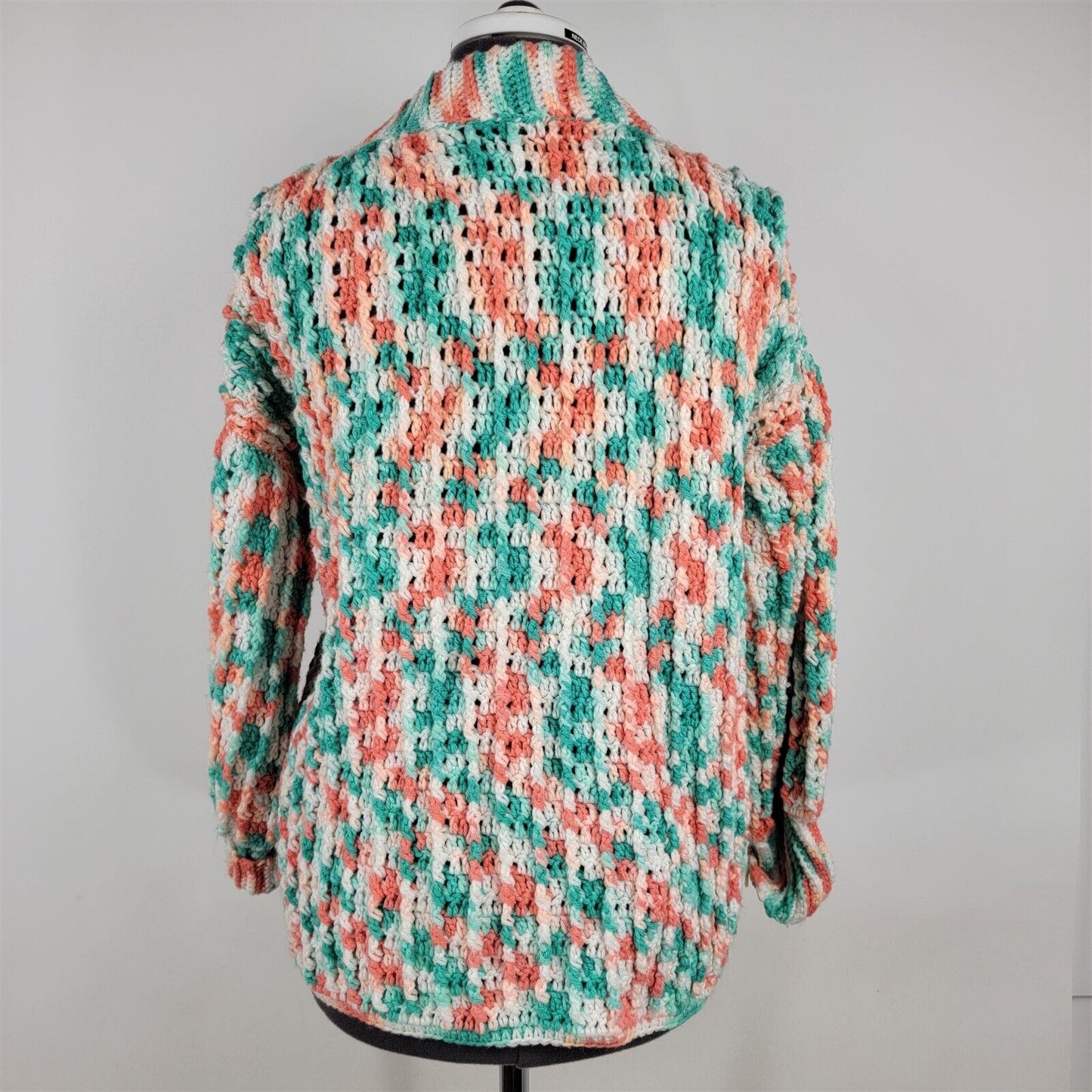 Vintage Hand Knit Crochet Cardigan Sweater Peach Turquoise White Womens Size L