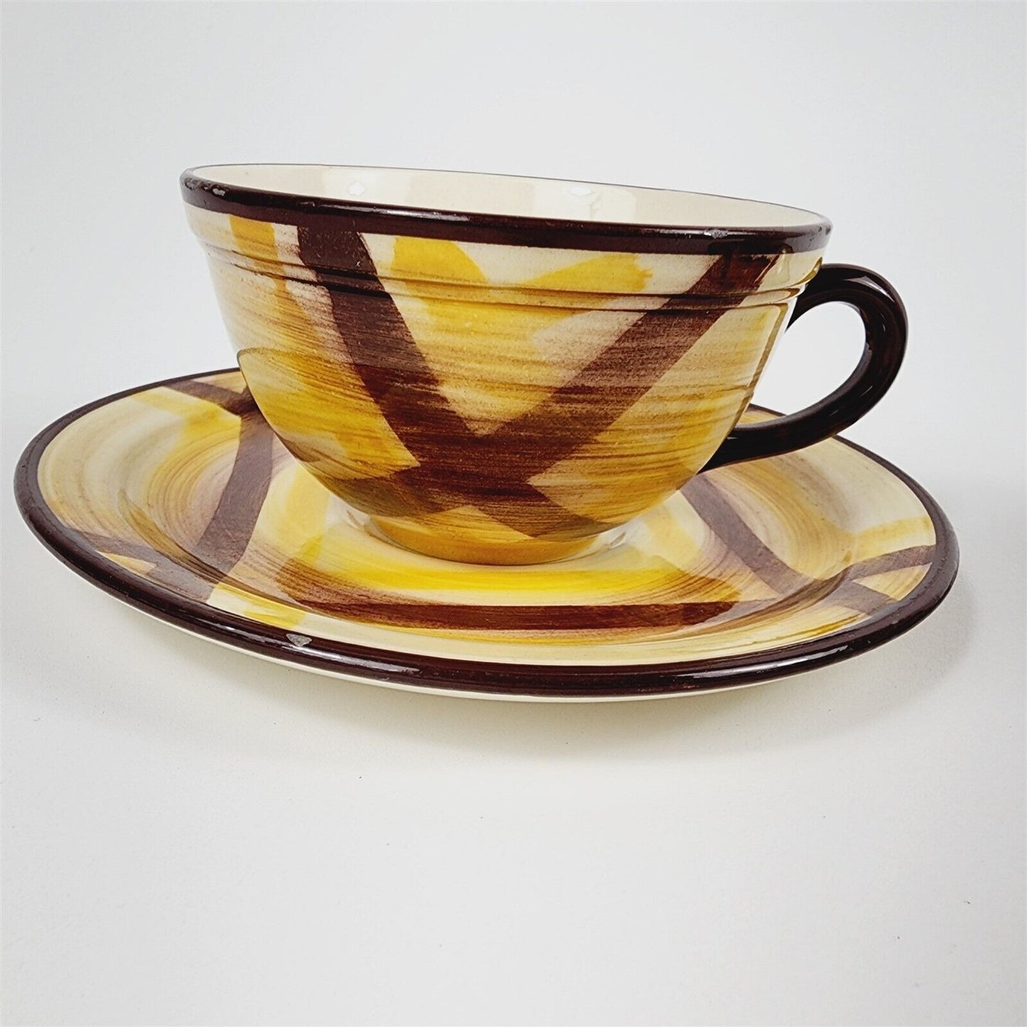 4 Piece Vernonware Gingham Organdie Yellow Brown Green 2 Cups 2 Plates