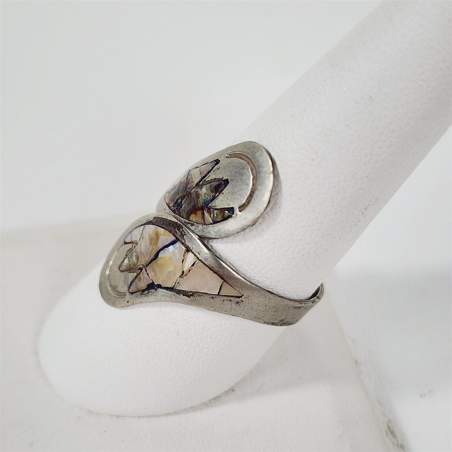 Vintage Silver Mexico Mother of Pearl Inlay Wrap Ring Size 10.75