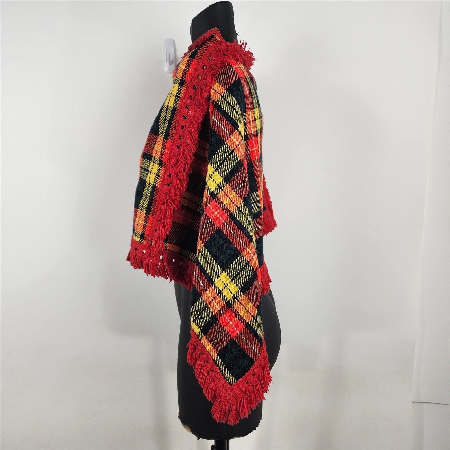 Vintage Handmade Red Yellow Plaid Poncho Cape Womens XS/S