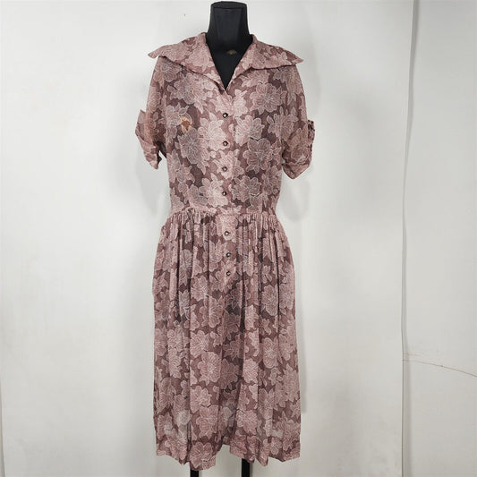 Vintage 1950s Murray White Mauve Pink Floral Print Sheer Button Front Dress