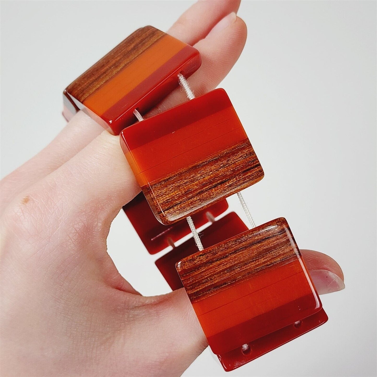 Vintage Red Orange & Wood Tone Lucite Stretch Bracelet