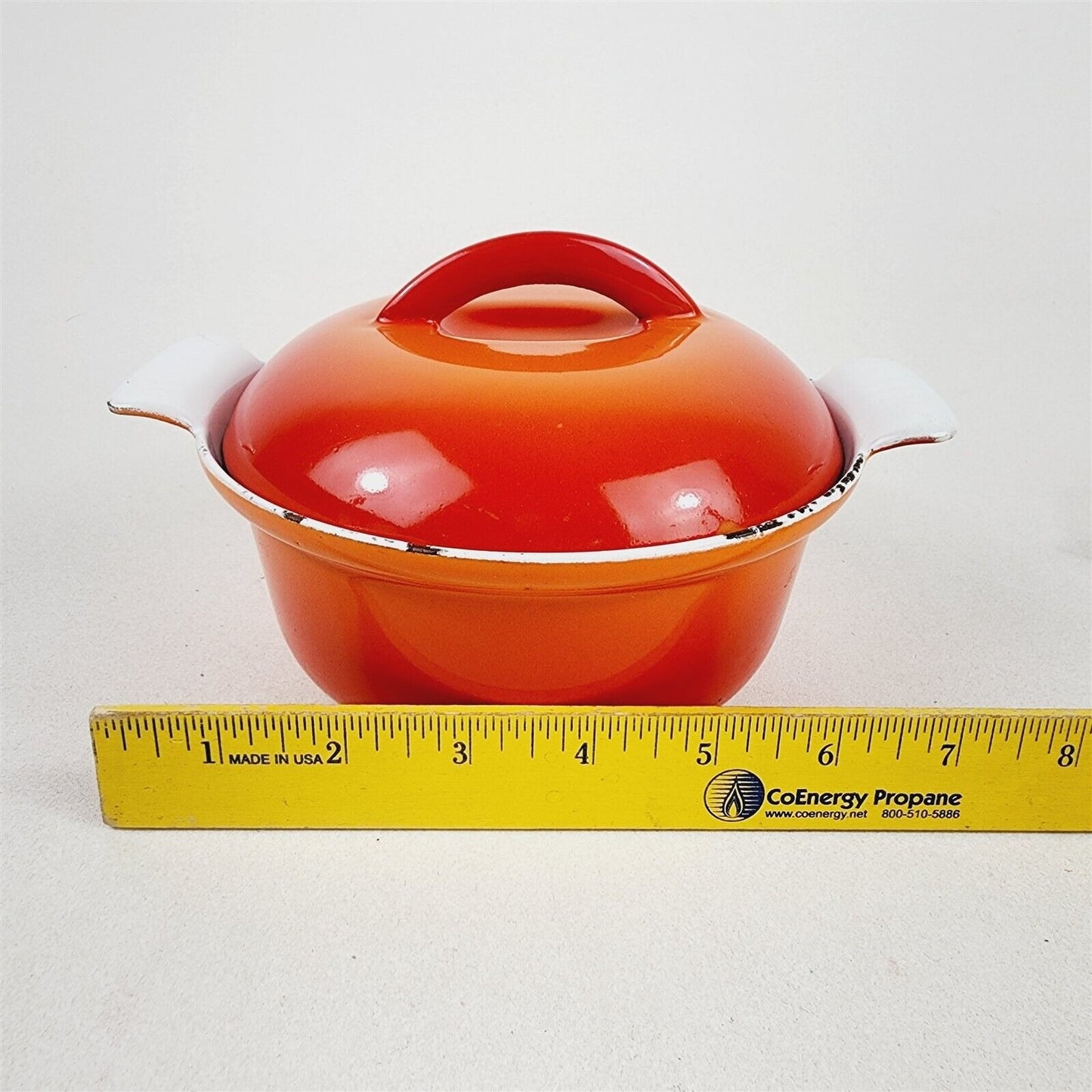 Vintage Descoware Cast Iron Enamel Orange Flame Small Pan w/ Lid Belgium 6 1/2"