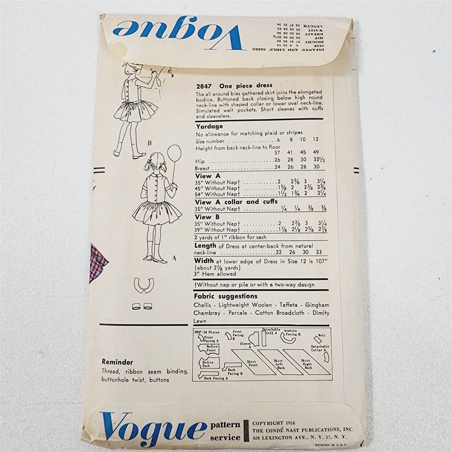 Vintage Vogue Sewing Pattern No. 2847 Girls Dress Size 12 - 1958