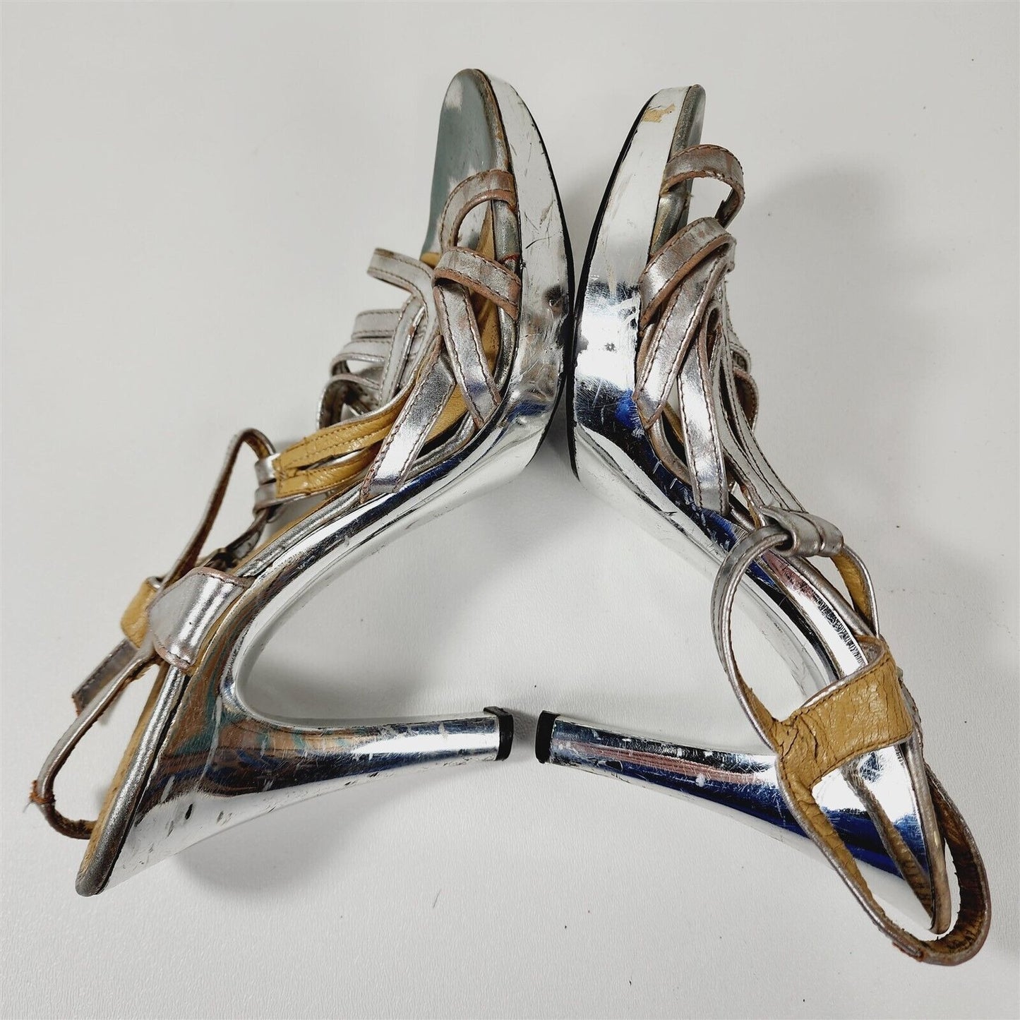 Vintage Chrome Silver Metallic Italy Strappy Heels Pumps Size 7.5