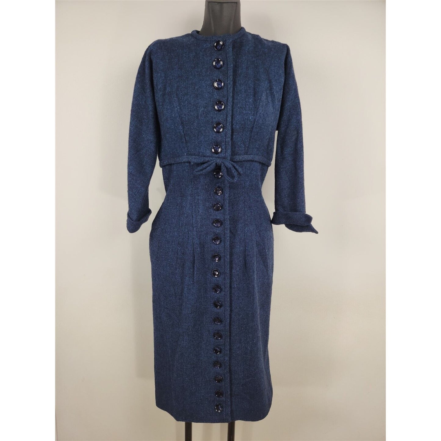 Vintage 1950s R&K Originals Navy Blue Wool Button Front Dress Womens M