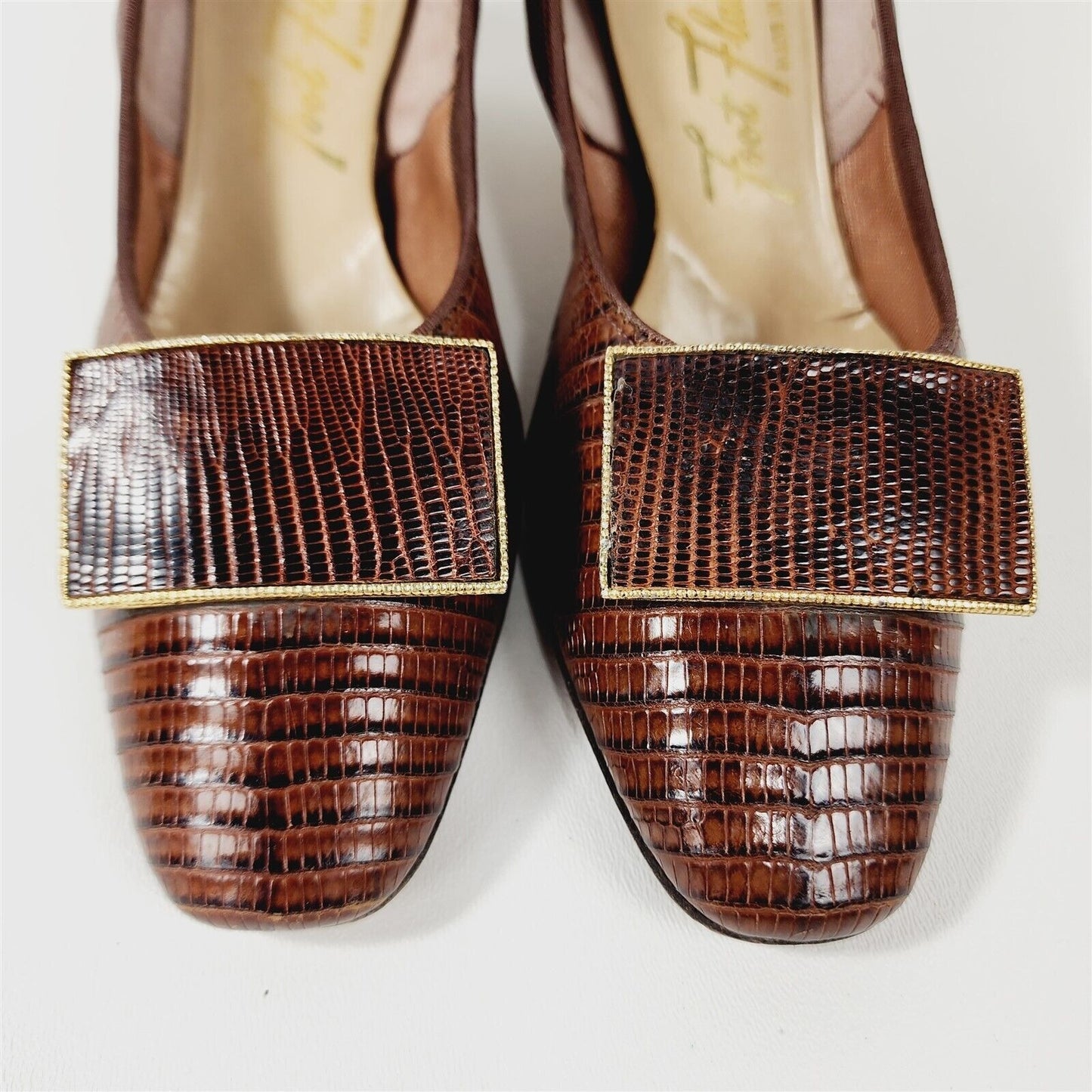 Vintage Foot Flairs Brown Reptile Leather Heels Shoes Size 6.5/7