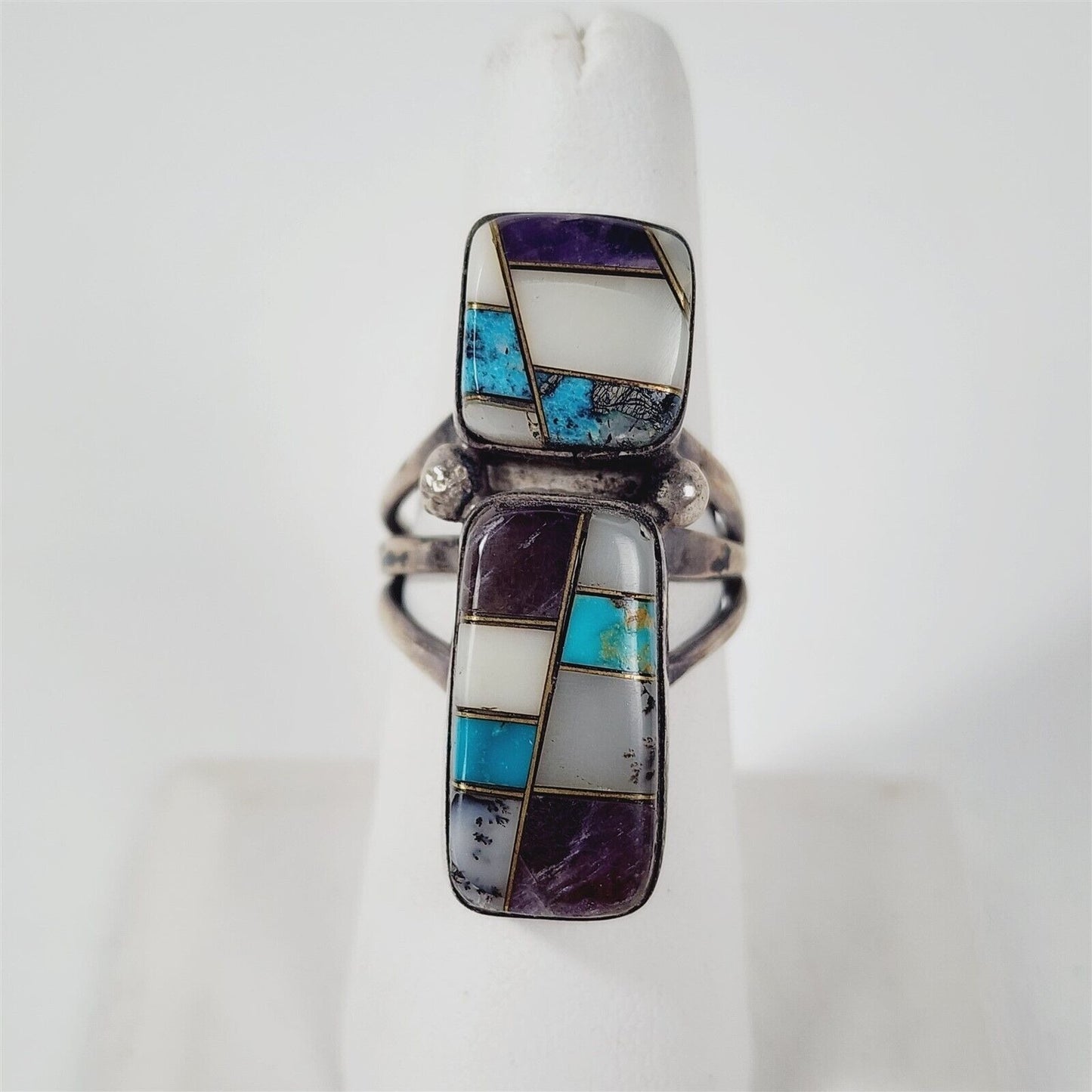 Vintage 925 Sterling Silver Turquoise MOP Charoite Inlay Navajo Ring 8.25