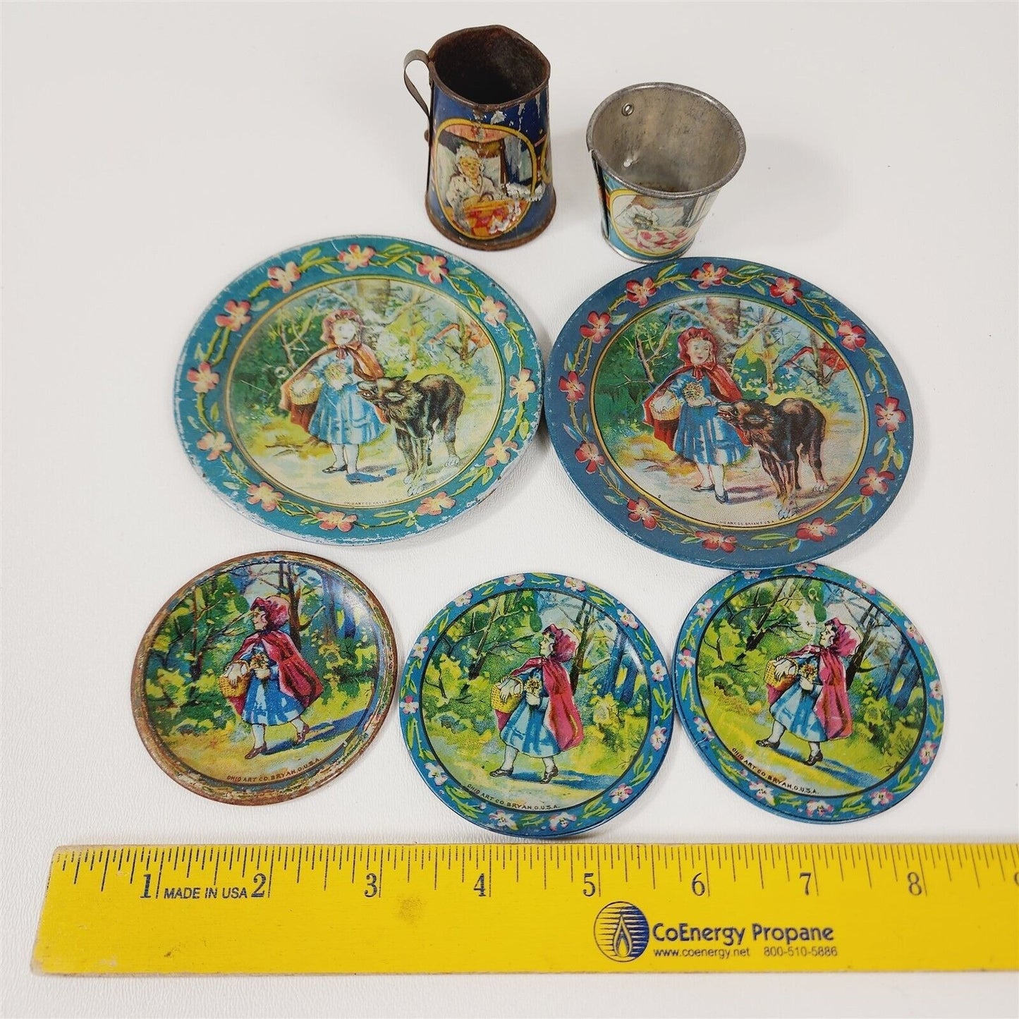 Vintage 7 Piece Vintage Ohio Art Red Riding Hood Childs Tea Set Tin Litho