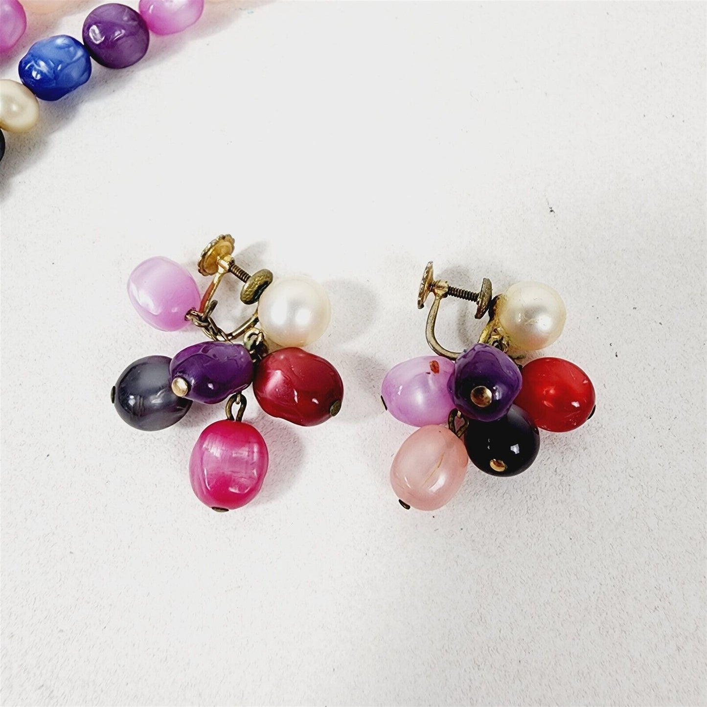 Vintage Faux Pearl Pink Blue Purple Set Layered Necklace Screw Back Earrings