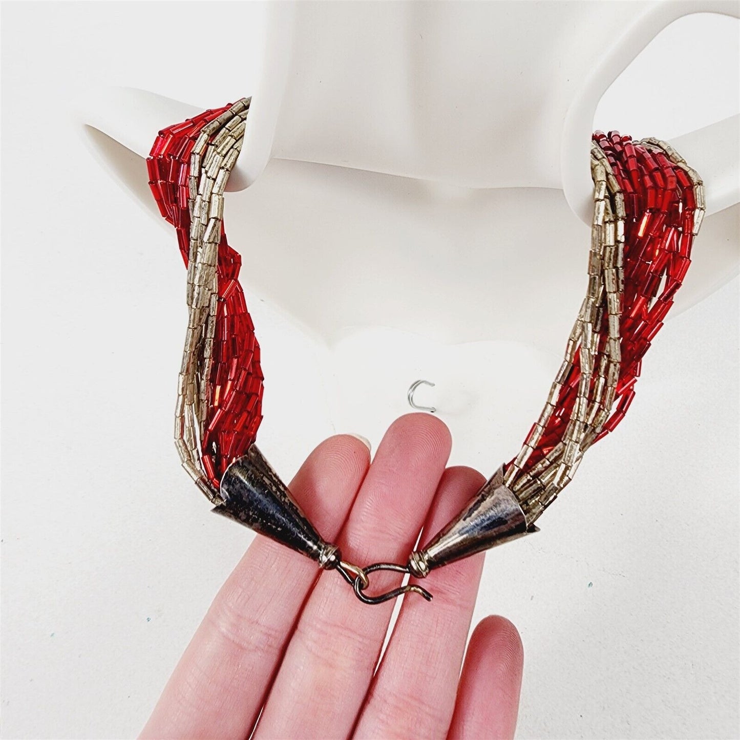 Vintage Red Tube Bead Liquid Silver Layered Necklace with Sterling Cone Clasp