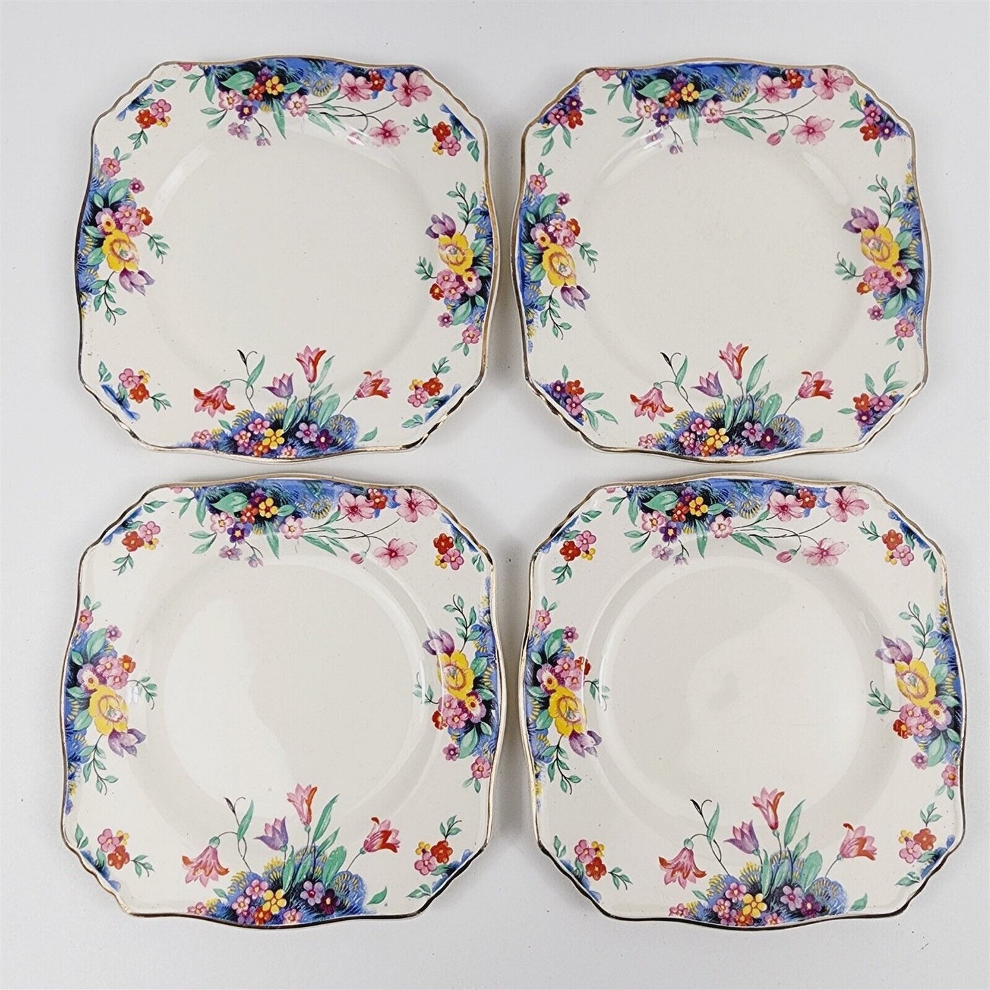 4 Vintage Royal Winton Grimwades Floral Square Bread & Butter Plates - 6 1/4"