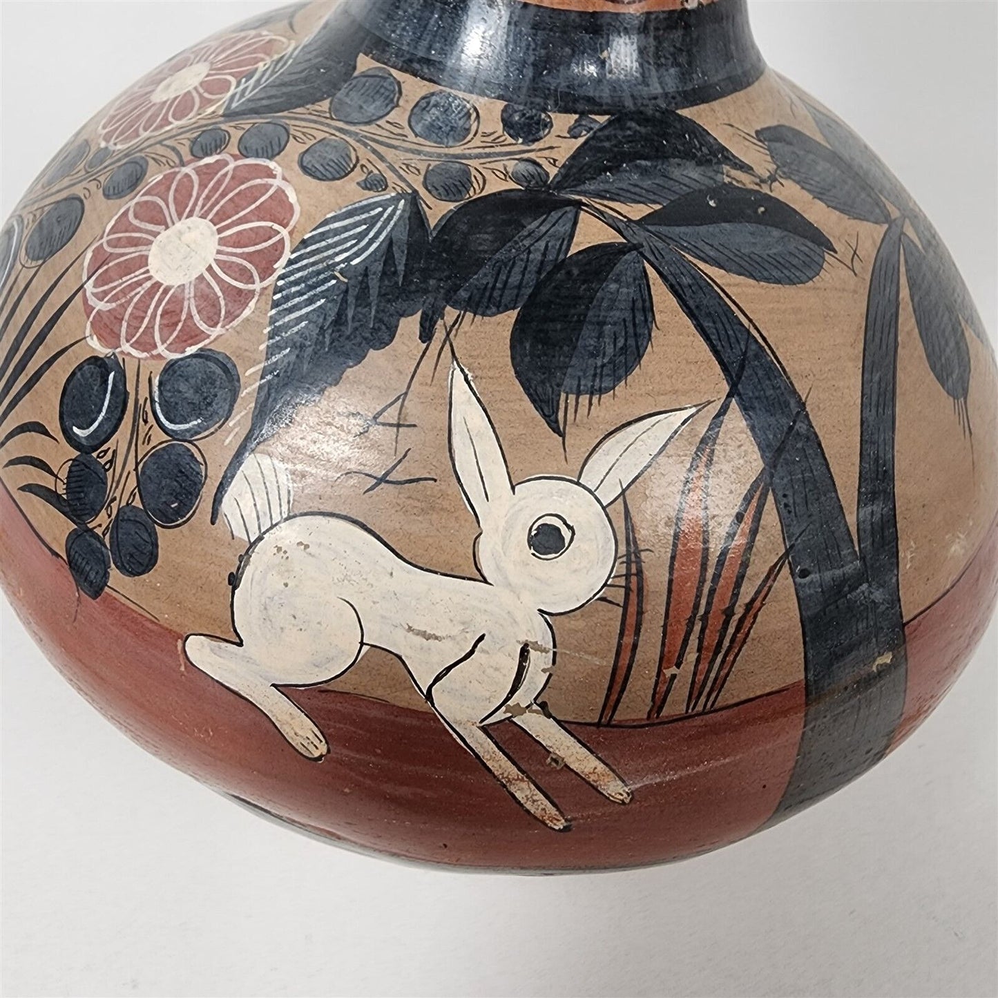 Vintage Tonala Mexican Pottery Vase Signed Hand Painted Rabbit Deer Folk Art