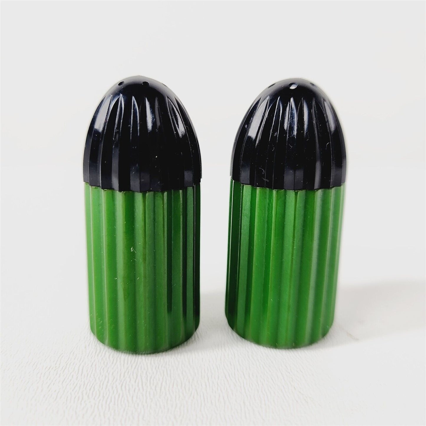 Vintage Bakelite Catalin MCM Retro Green Black Salt & Pepper Shakers - 2.25"