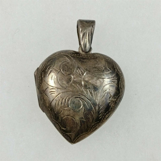 925 Sterling Silver Hand Carved Etched Scrolled Heart Locket Pendant Necklace