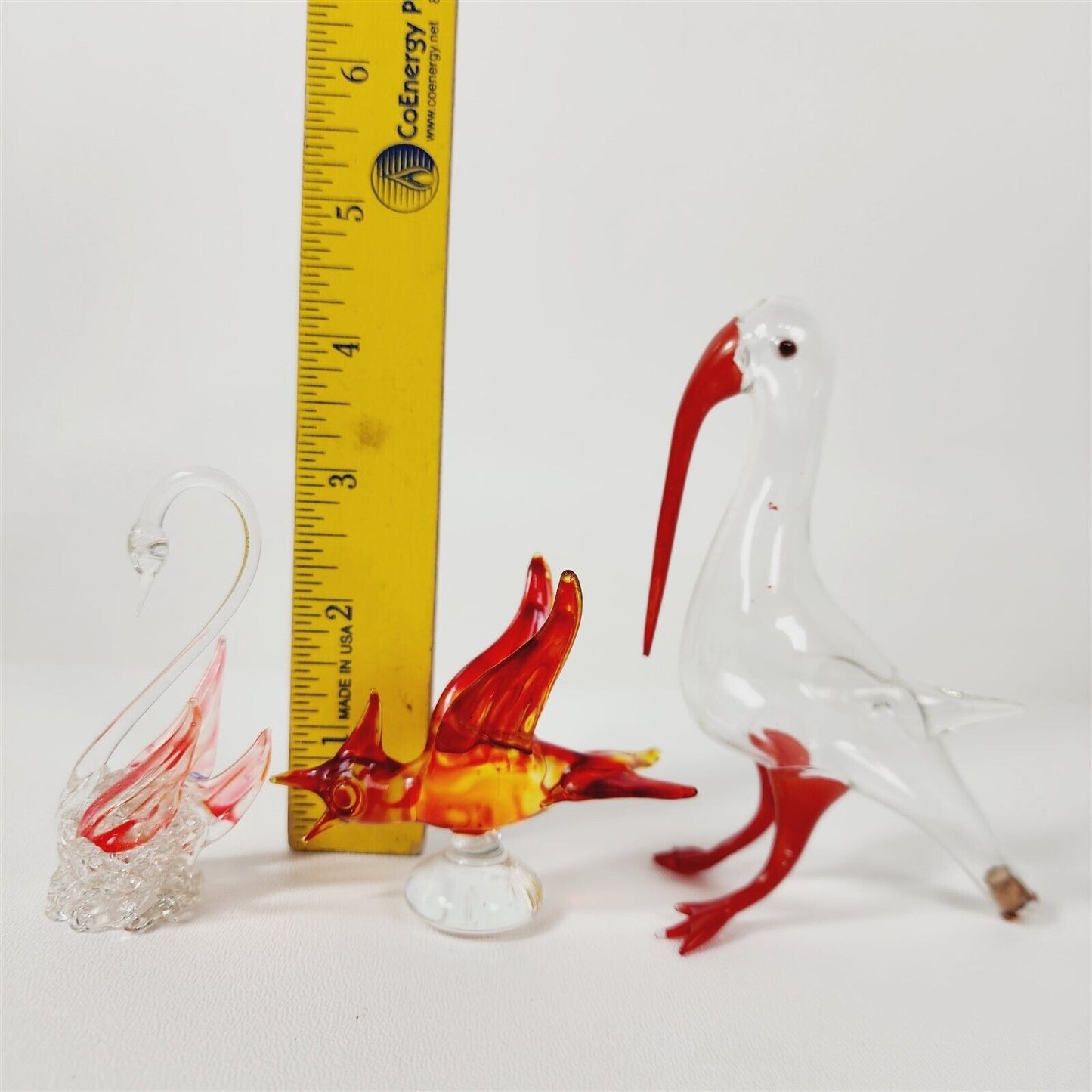 3 Vintage Glass Handmade Hand Blown Birds Clear Red - 2.5-4.5" tall