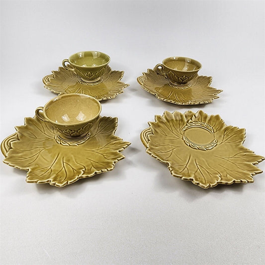 7 Pc Woodfield Steubenville Golden Fawn Green Leaf Snack Tea Set 3 Cups 4 Plates