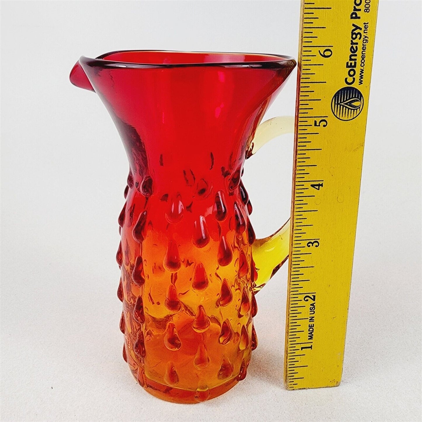 Vintage Hand Blown Art Glass Amberina Pitcher Hobnail MCM - 5 7/8" tall