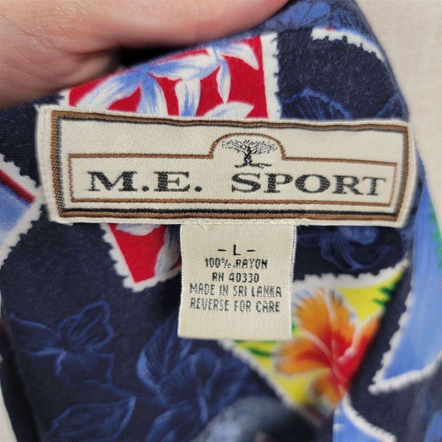 Vintage M.E. Sport Postcard Blue Hawaiian Tiki Shirt Mens Size L