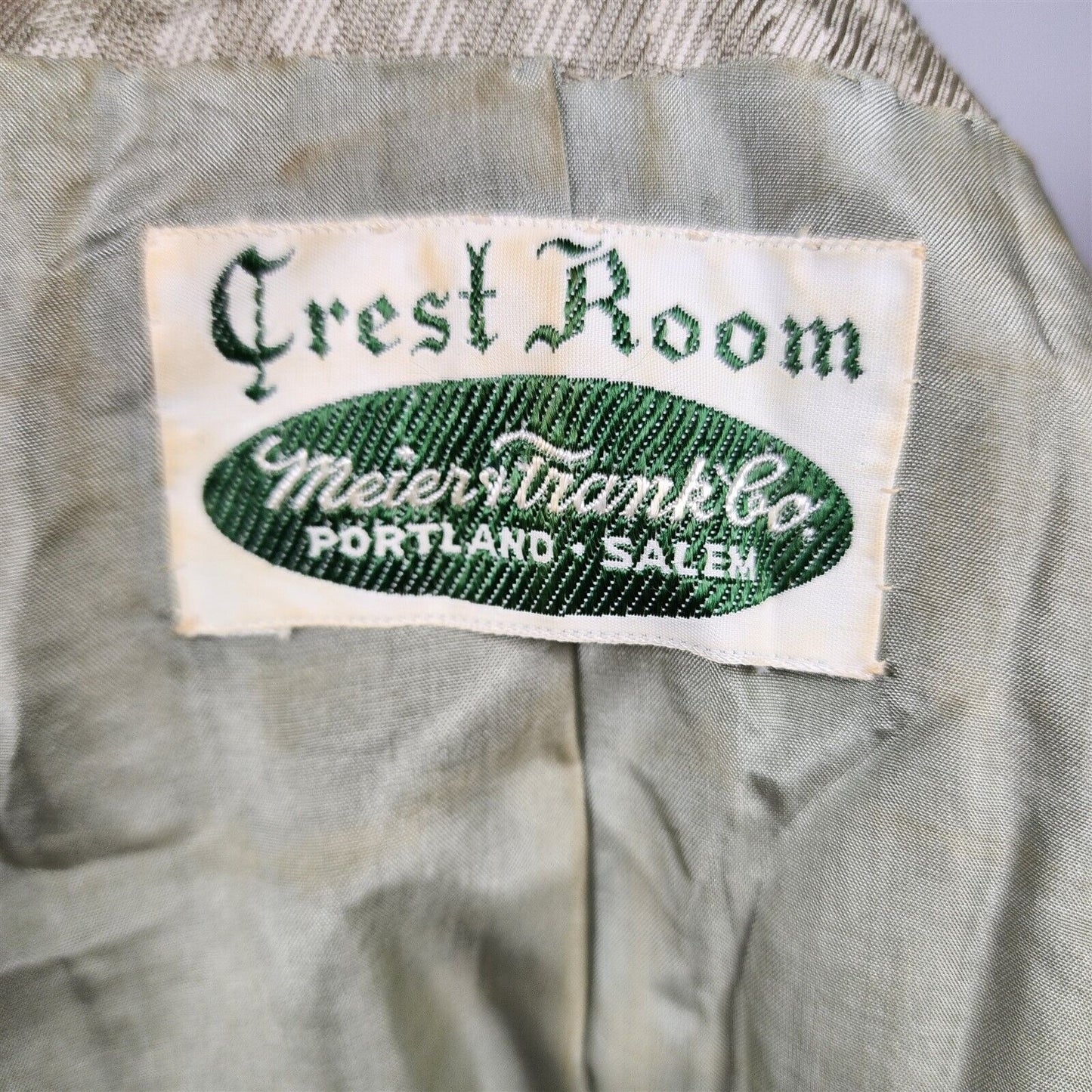 Vintage 1960s Marquise Crest Room 2 Piece Green Beige Skirt Suit Jacket