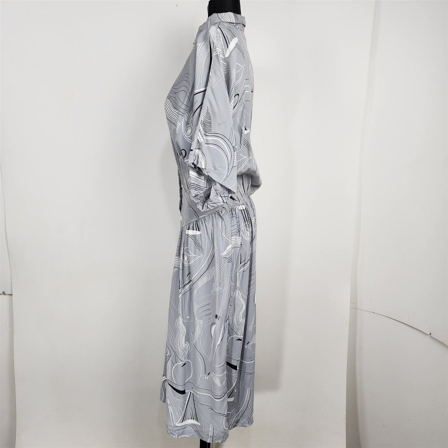 Vintage 1980s ED Michaels Gray Abstract Print Drop Waist Midi Dress Womens