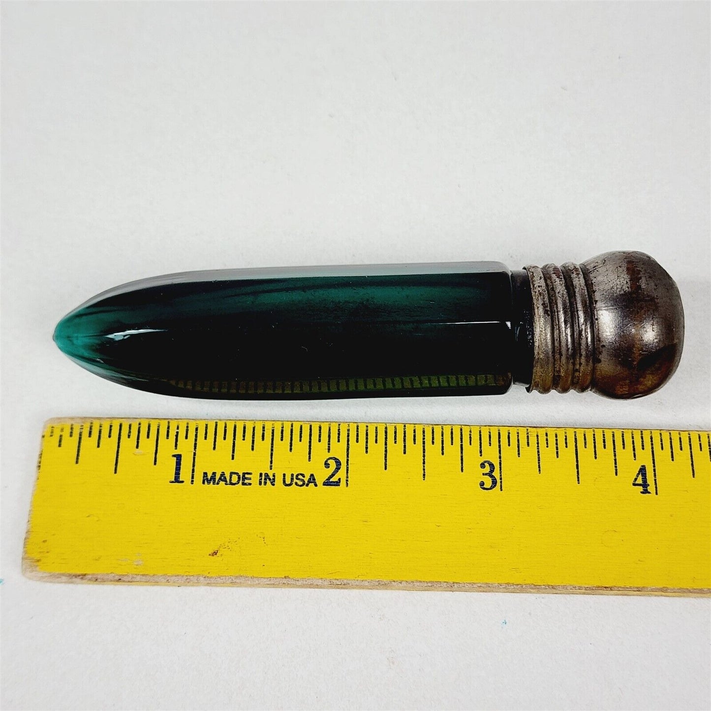 Vintage Victorian Green Glass Perfume Bottle Single Copper End Cap 8 Sided - 4"