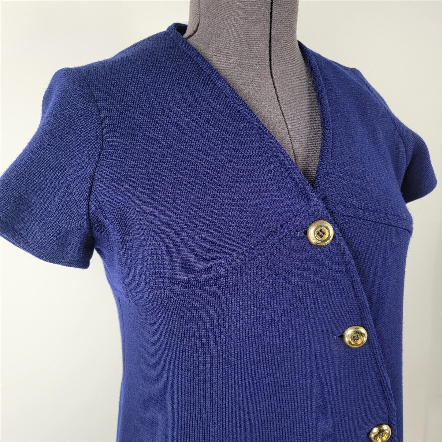 Vintage 1970s Frederick & Nelson Blue Wool Knit Short Sleeve Button Front Dress