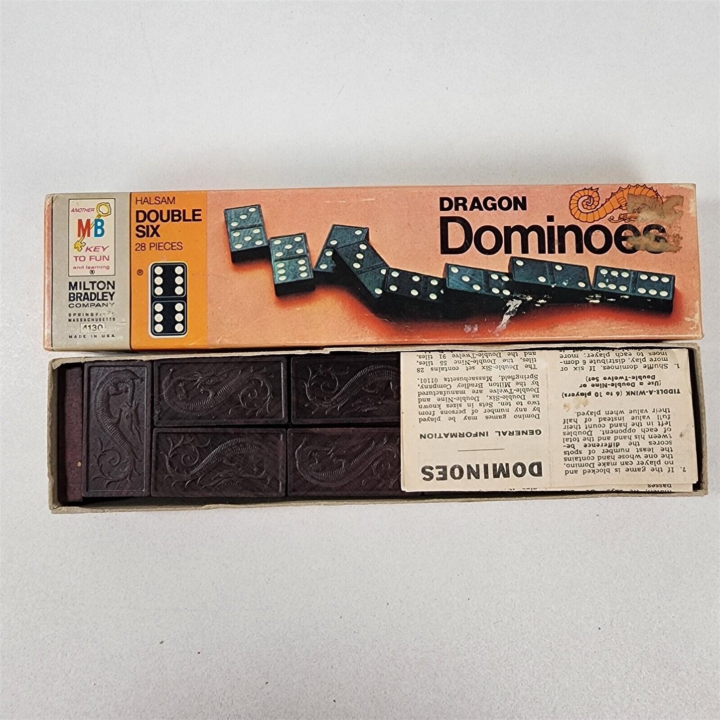 Vintage Milton Bradley 1970 Dragon Dominoes Double Six 28 Pc #4130 w/ Instruct